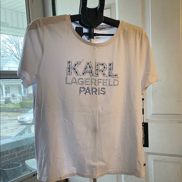 Karl Lagerfeld | Tops | Karl Lagerfeld White Tee With Silver Logo ...